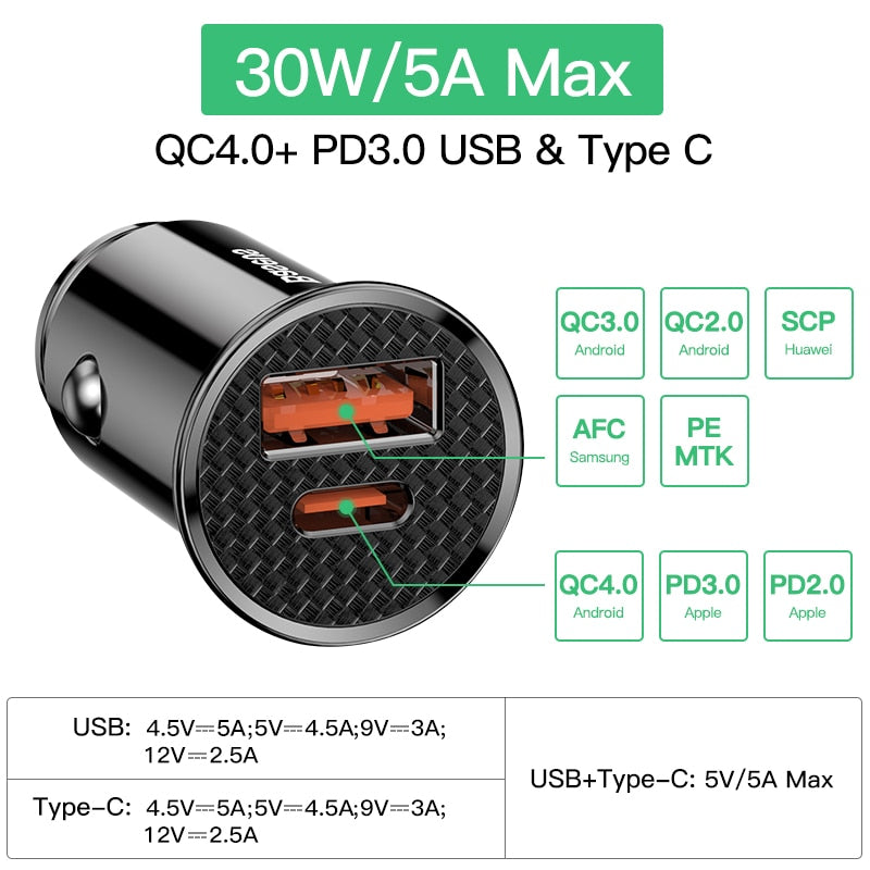 30W USB Car Charger Quick Charge USB Fast Charging