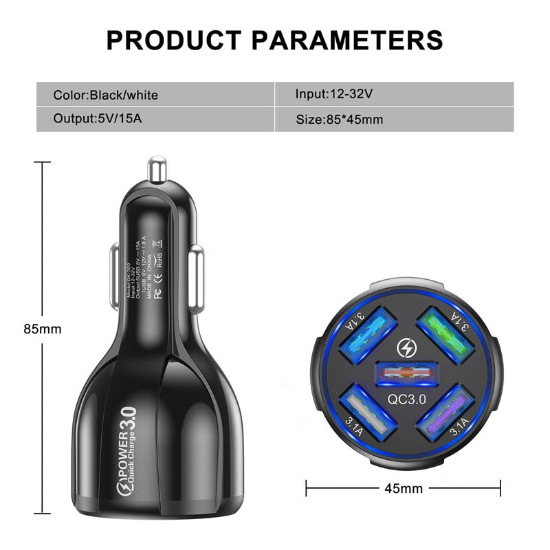 5 Port Fast Charging Car USB Charger