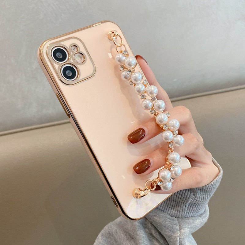 6D Plating Pearl Chain Phone Case