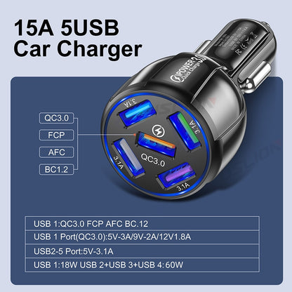 15A 5 Ports USB Car Charge Quick Mini LED