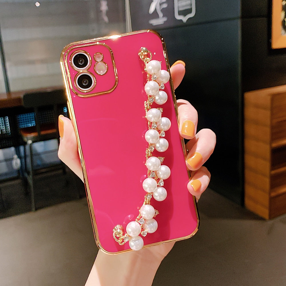 6D Plating Pearl Chain Phone Case