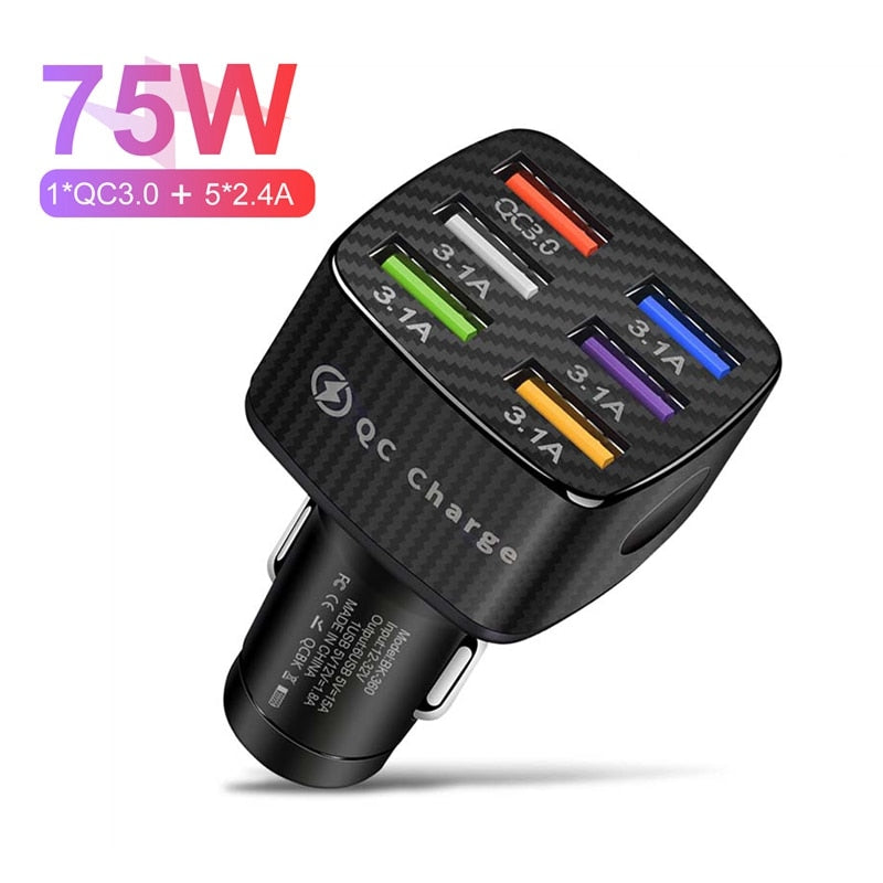 6 USB Car Charger 75W Fast Charging Phone Adapter