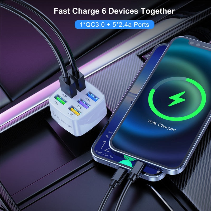 6 USB Car Charger 75W Fast Charging Phone Adapter