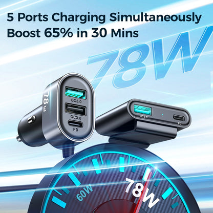 5 Ports 72W Multi Car Charger Adapter USB Type C