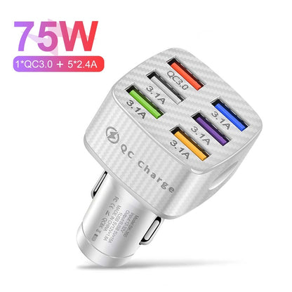 6 USB Car Charger 75W Fast Charging Phone Adapter