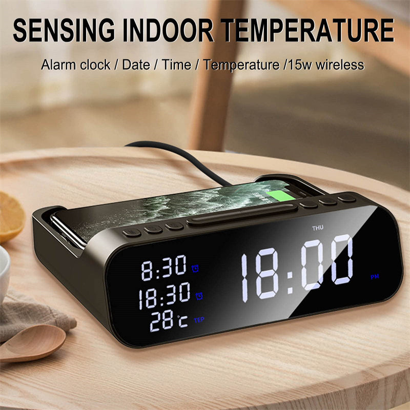 15W Three in one Wireless Charger Temperature Tester Multi Alarm Clock