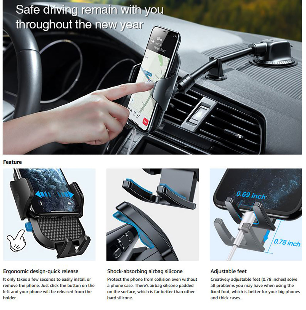 Dashboard Phone Holder for Car  Widest View 9in Flexible Long Arm
