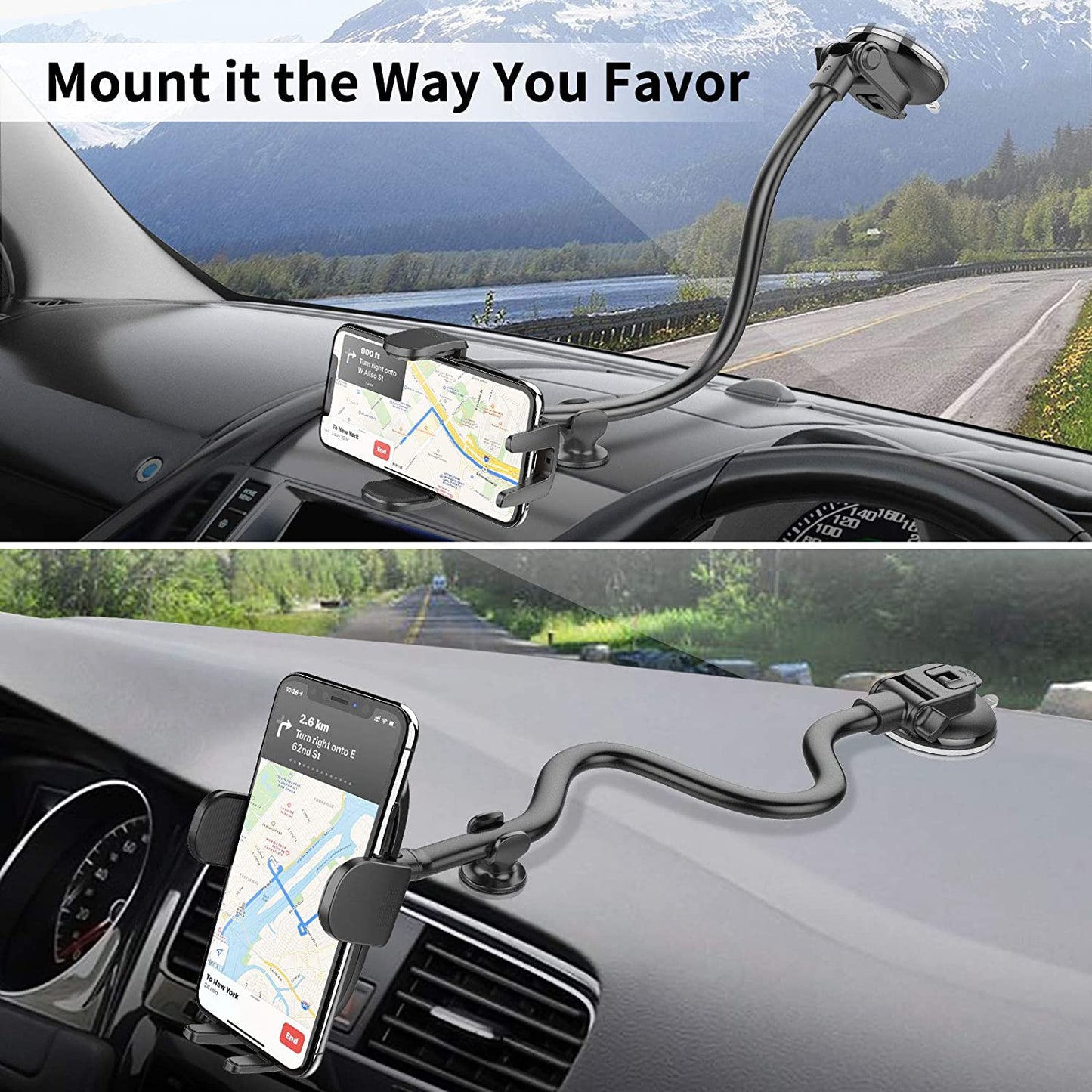 Dashboard Phone Holder for Car  Widest View 9in Flexible Long Arm