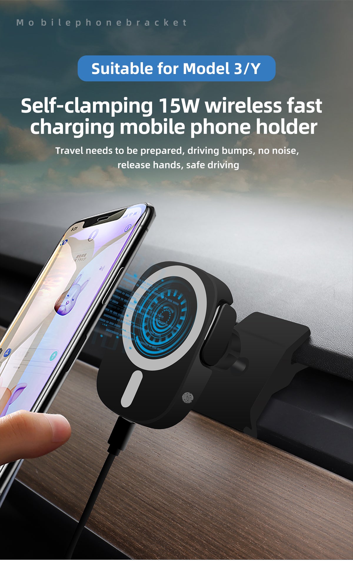 For Tesla Model 3 Model Y 2017-2022 Car 15W Fast Charging Mobile Phone Holder